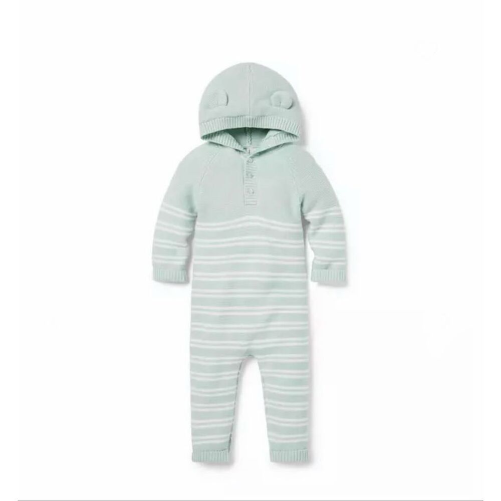 Janie and Jack Baby Striped Bear Ear Hooded One-Piece Pale Aqua Size 12/18 Month